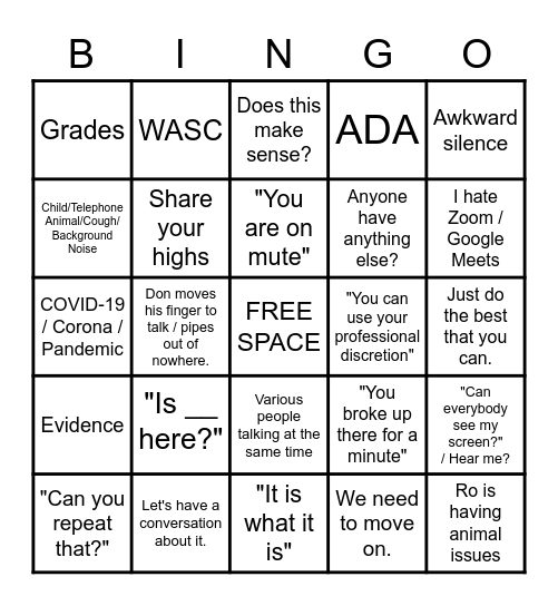 Monday Meeting Bingo Card