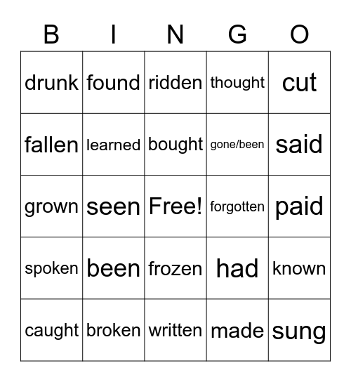 Past Participle Bing Bingo Card
