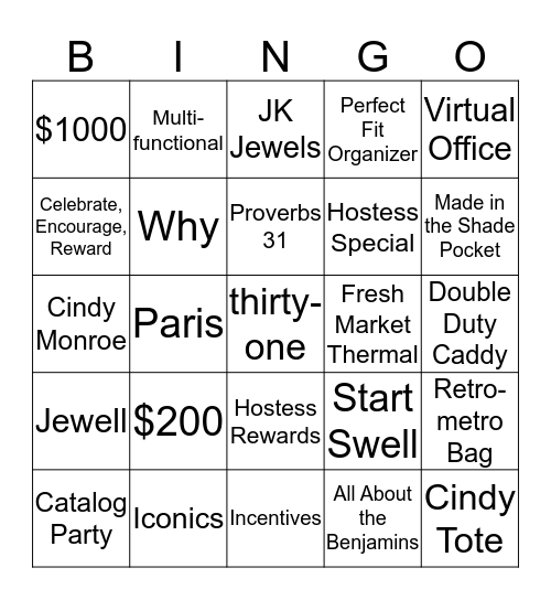 Thirty-one Bingo Card