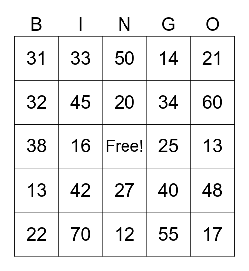 number Bingo Card
