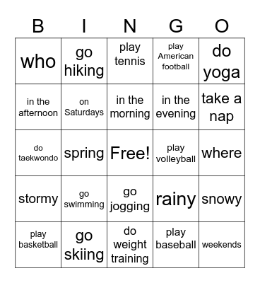 Pastime & Hobbies Bingo Card