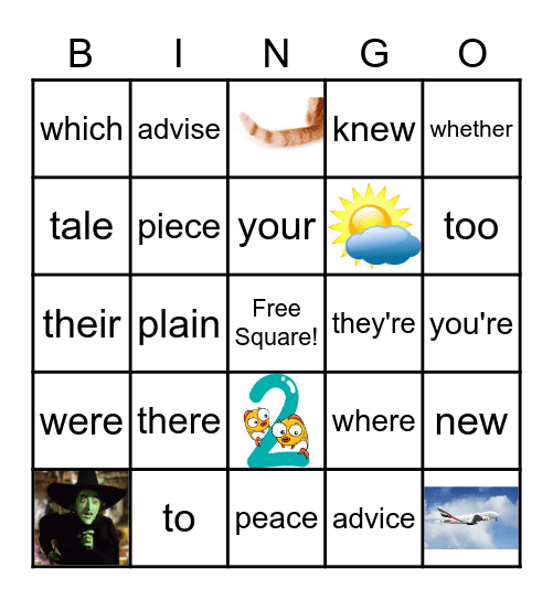 Homophones Bingo Card