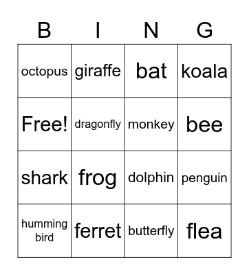 Amazing Animals Bingo Card