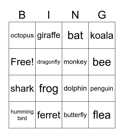 Amazing Animals Bingo Card