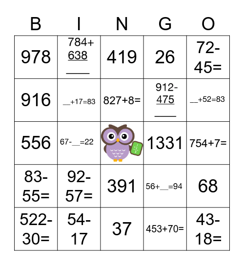 Addition Subtraction Bingo Card