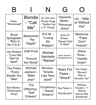 Music Bingo (80's-90's) Bingo Card