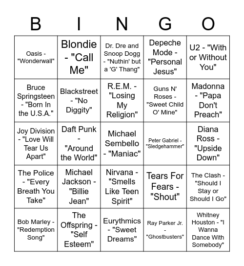 Music Bingo (80's-90's) Bingo Card