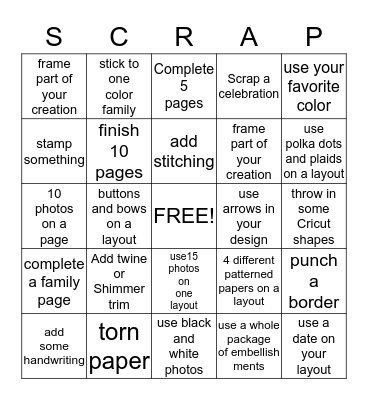 Scrapbook Bingo 2015 Bingo Card