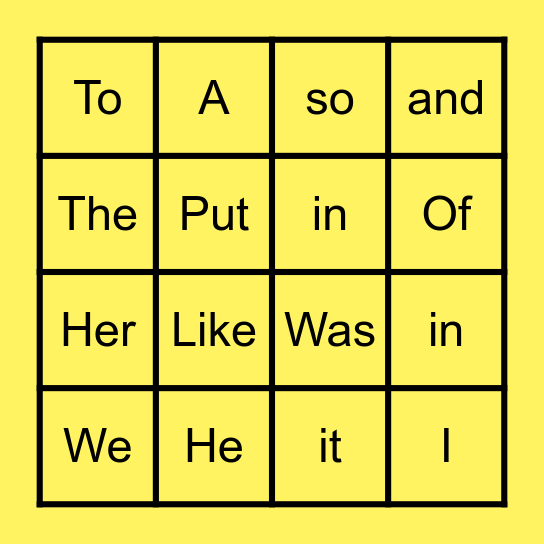 Sight word bingo Card