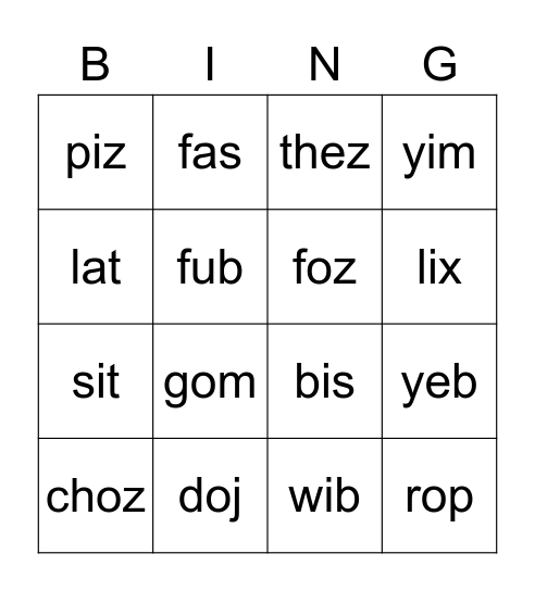 Nonsense Words Bingo Card