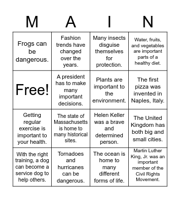 Main Idea  Bingo Card