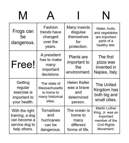 Main Idea  Bingo Card