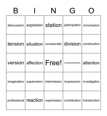 -tion & -sion Bingo Card