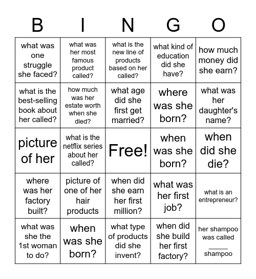 Madam CJ Walker Bingo! Bingo Card