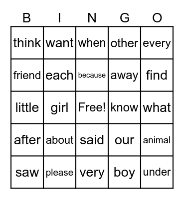 Sight Words Bingo Card
