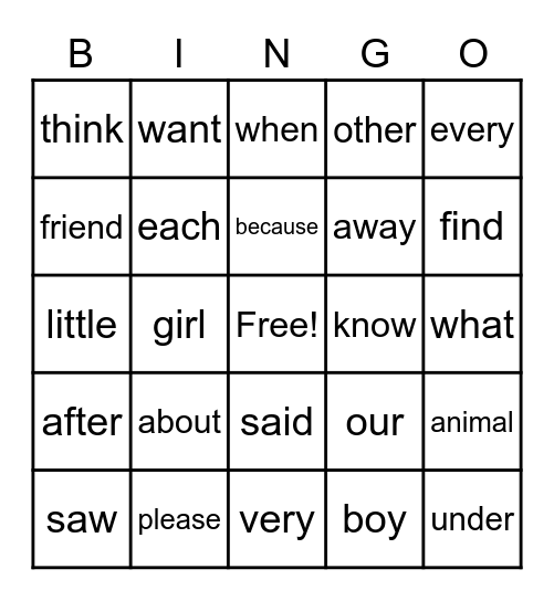 Sight Words Bingo Card