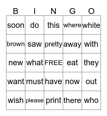 Sight Words Card 2C Bingo Card