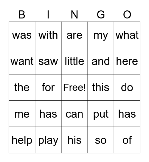 Sight words Bingo Card