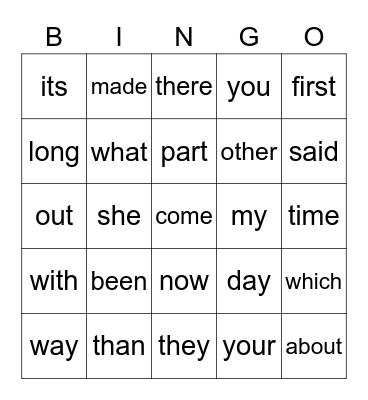 Spring Sight Word Bingo Card
