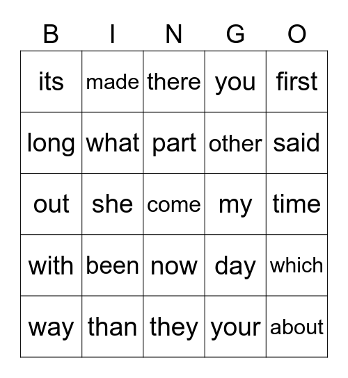 Spring Sight Word Bingo Card