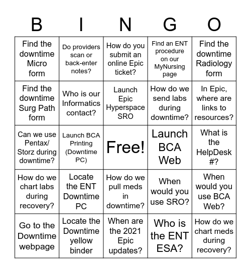 Downtime Drill Bingo Card