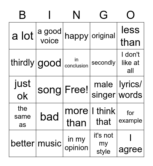 Music and Opinions Vocab Bingo Card