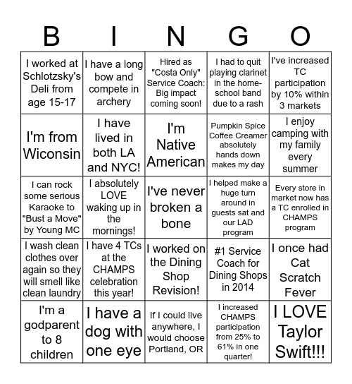 Service Coach BINGO Card