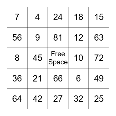 Multiplication Bingo Card