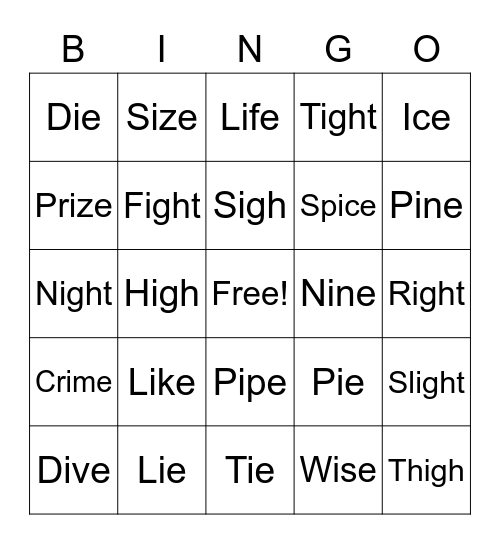 Long I Bingo Card