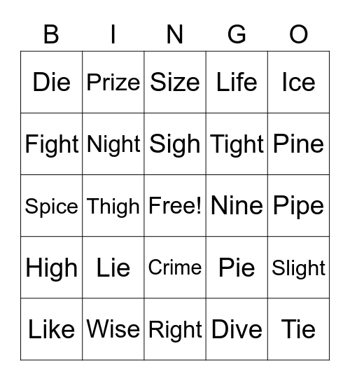 Long I Bingo Card