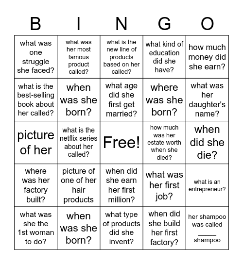 Madam CJ Walker Bingo! Bingo Card