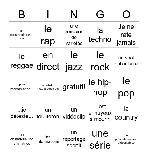 Bien Dit 2 Chapitre 9.2 Bingo Card