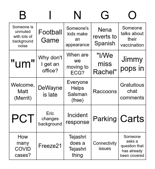 EHS Check In Bingo Card