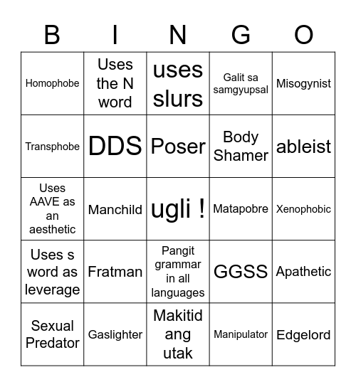 Bad Person Bingo Card