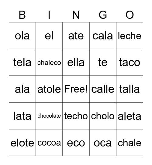 Palabras de Chocolate Bingo Card