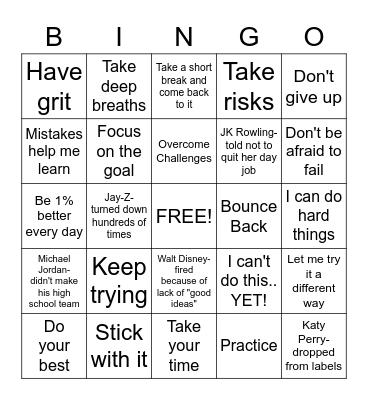 Perseverance and Growth Mindset Bingo Card
