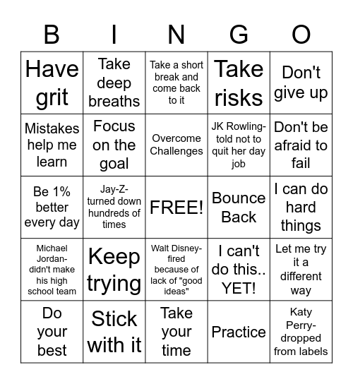 Perseverance and Growth Mindset Bingo Card