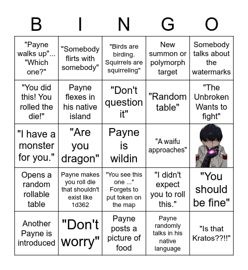 Payne as DM Bingo Card