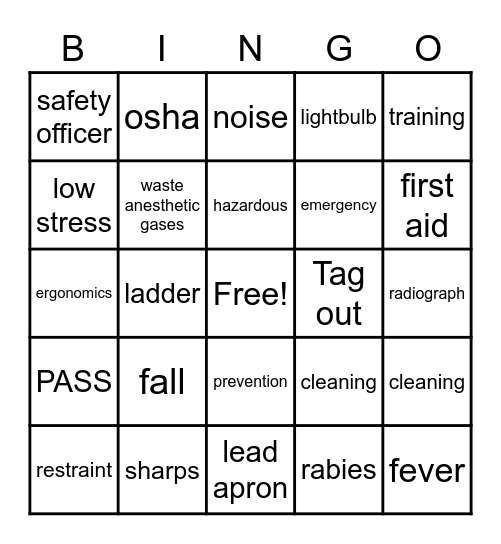 Veterinary Safety Bingo Card