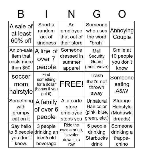 Mall Bingo Card