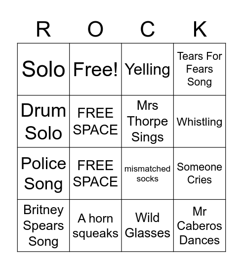 Rock Show BINGO Card