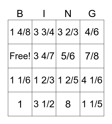 Adding Fractions Bingo Card