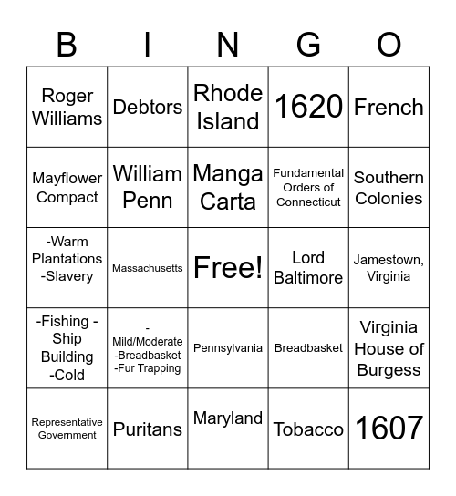 Exploration and Colonization Bingo Card