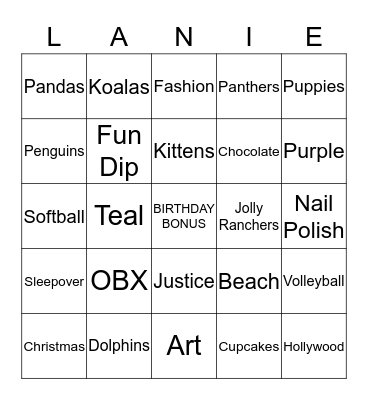 Lanie's Birthday Bingo Card