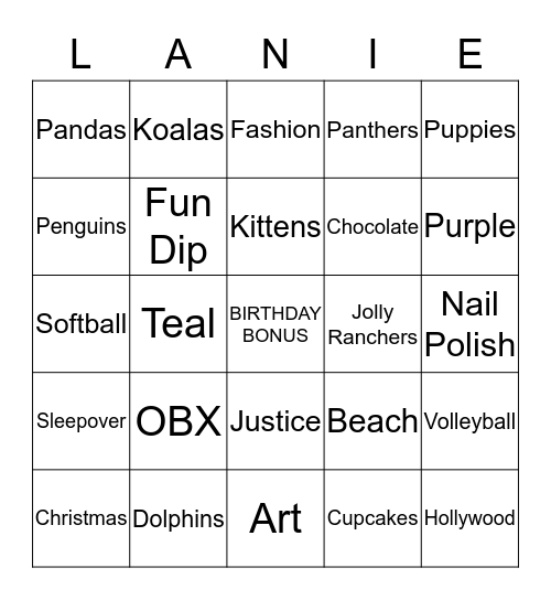 Lanie's Birthday Bingo Card