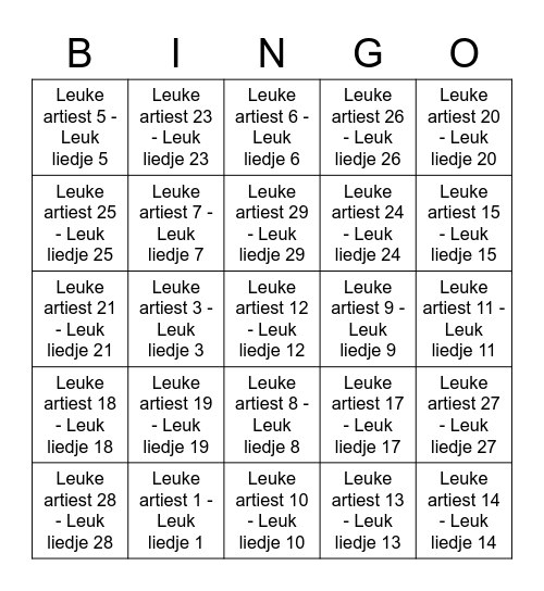 Muziekbingo Test Bingo Card