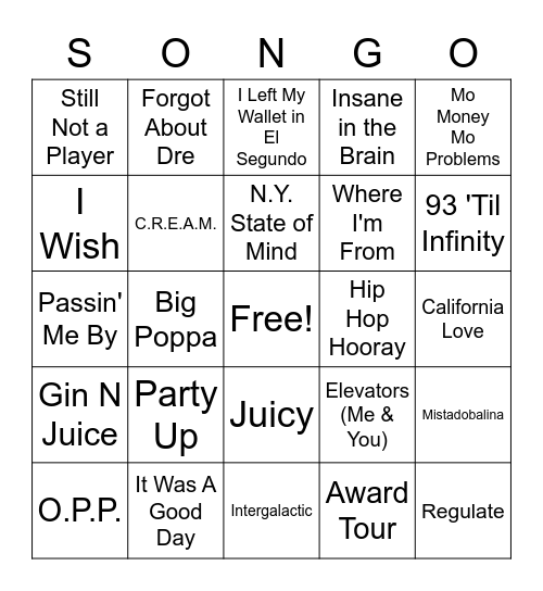 90's Hip Hop Bingo Card
