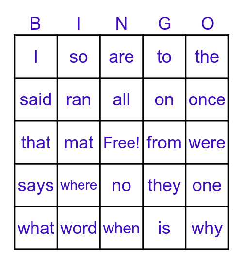 Tricky Words Bingo Card