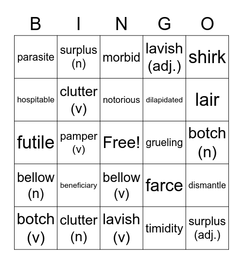 Unit 10 Vocabulary Words Bingo Card