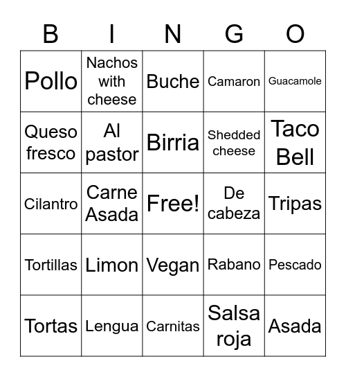Taco Tuesday Bingo Card